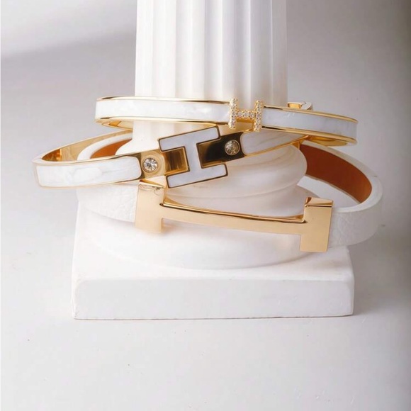 Jewelry - Gold & White Enamel H-Link Bangle Set - Women’s Fashion Jewelry